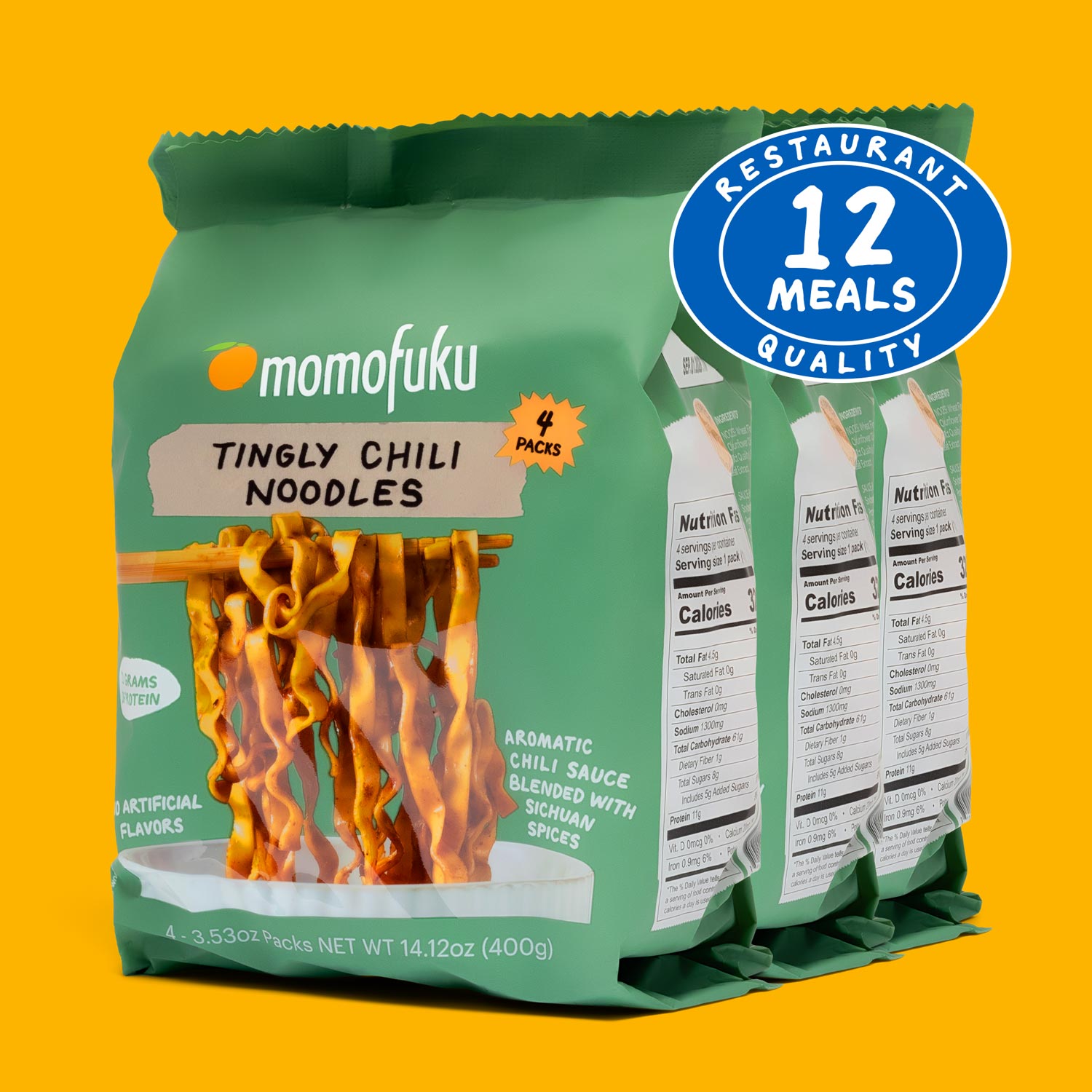 Packaging of Momofuku Tingly Chili Noodles with a label indicating 12 restaurant-quality meals on a yellow background.