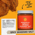 Nutrition: Servings: 71, Serving size 1/4 tsp (1.5g), Amount Per Serving: Calories 0, Total Fat 0g (0% DV), Sat. Fat 0g (0% DV), Trans Fat 0g, Cholest. 0mg (0% DV), Sodium 115mg (7% DV),Total Carb. 0g (0% DV), Fiber 0g (0% DV), Sugars 0g, Protein 0g

Ingredients: Salt, fennel, chili pepper, red pepper, cayenne pepper, tamari soy sauce (soybeans, salt), cumin, yeast extract, Sichuan peppercorns, kelp, mushrooms, seaweed.