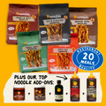 Collection of Momofuku noodles packages on a yellow background with additional noodle add-ons displayed.