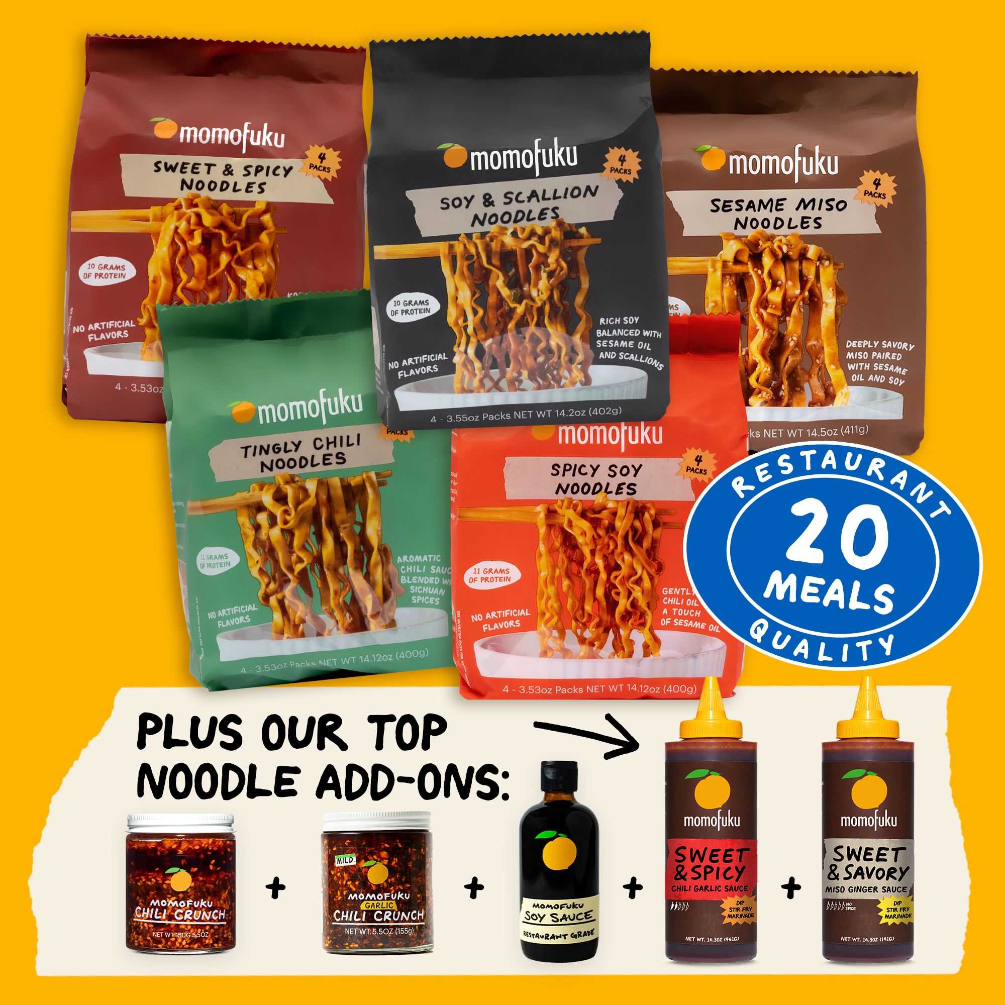 Collection of Momofuku noodles packages on a yellow background with additional noodle add-ons displayed.