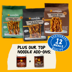 Momofuku noodles packages with top noodle add-ons on a yellow background
