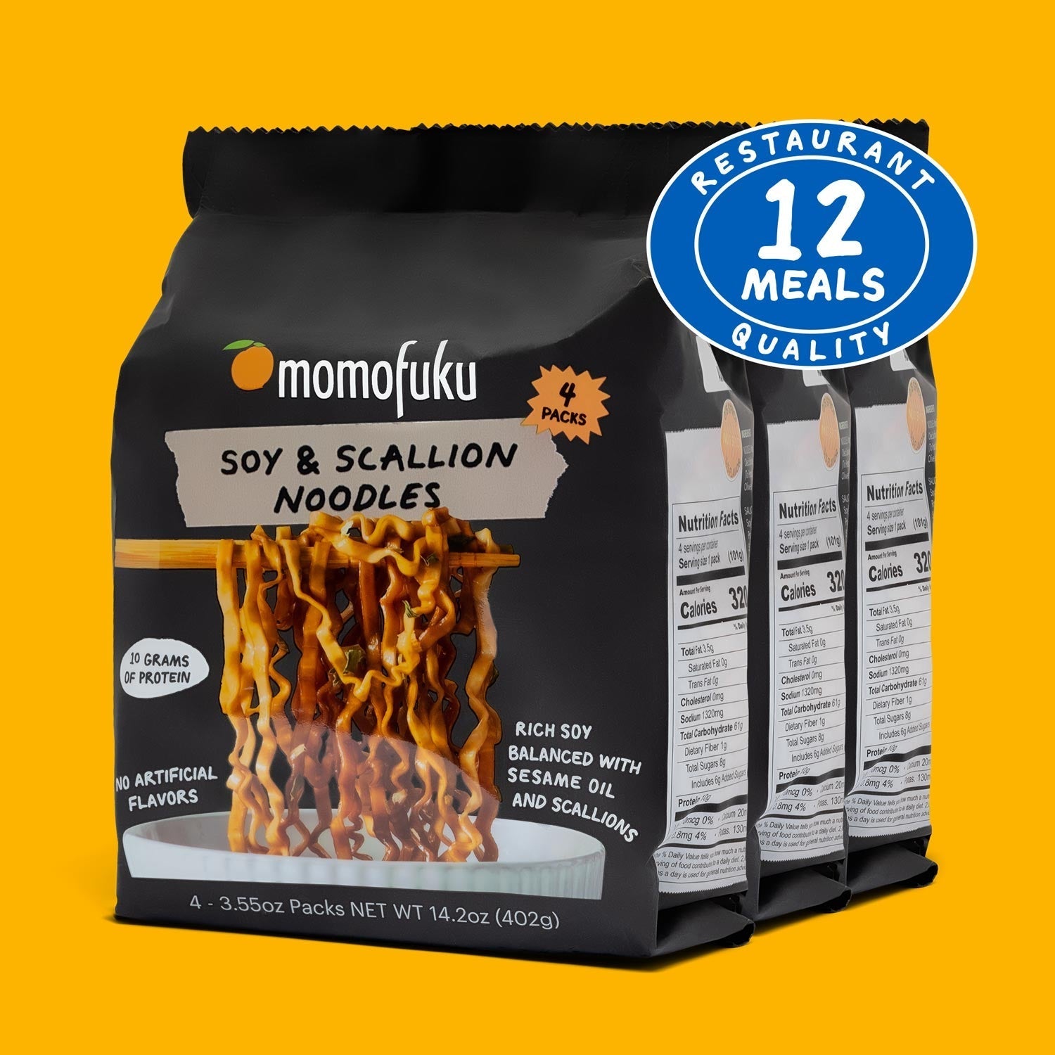 Momofuku Soy & Scallion Noodles packaging on a yellow background with '12 Meals Quality' badge.