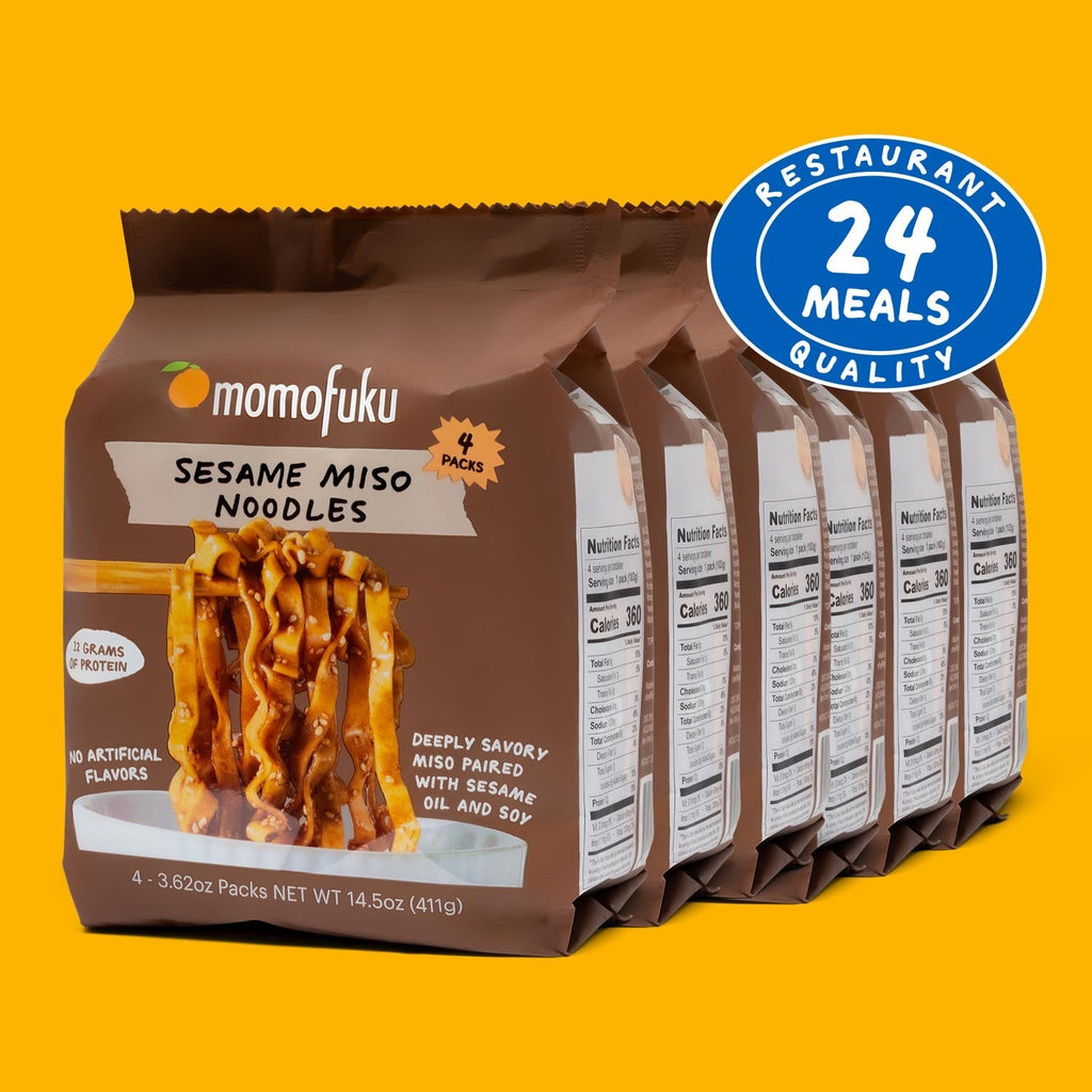 Packaging of Momofuku Sesame Miso Noodles with a yellow background and '24 Meals Quality' badge.