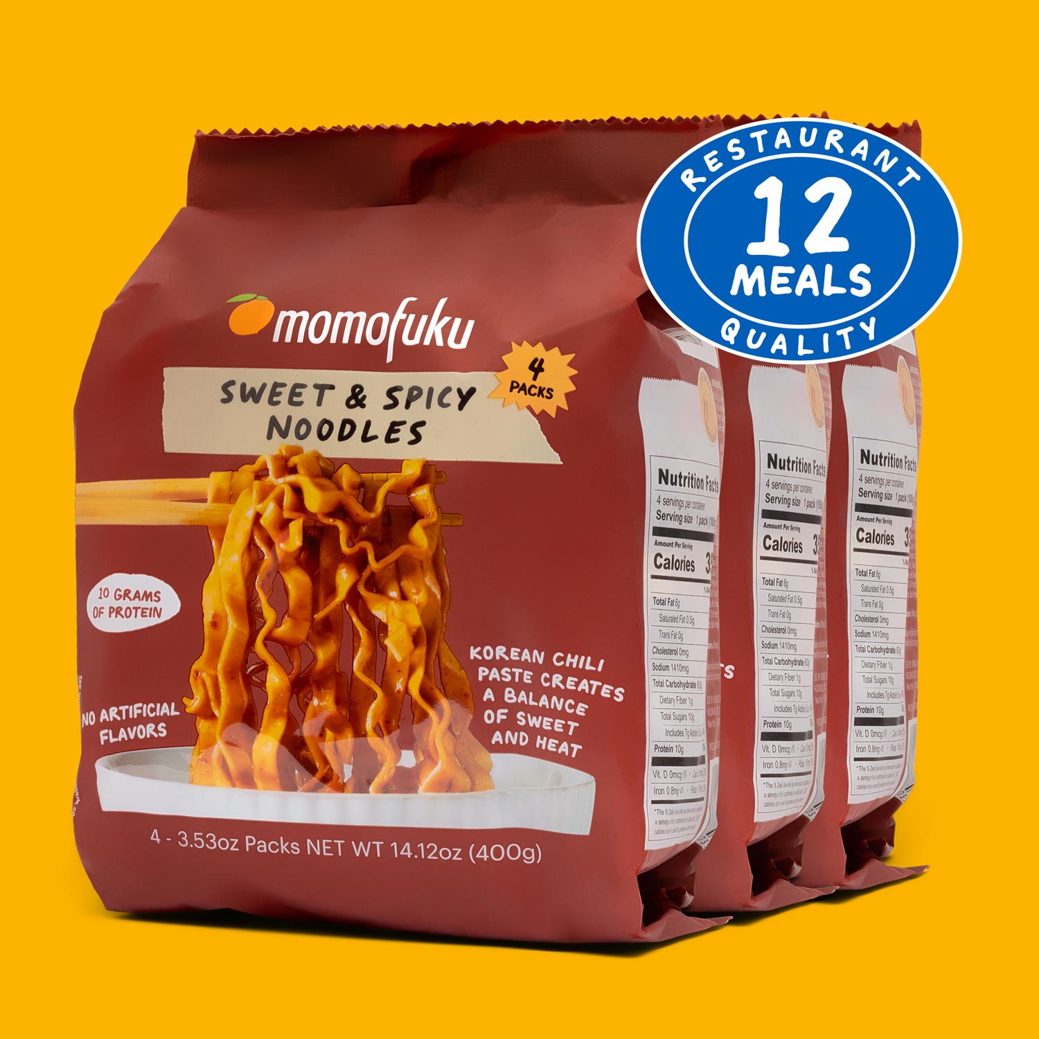 Momofuku Sweet & Spicy Noodles packaging on a yellow background with '12 Meals Quality' badge.