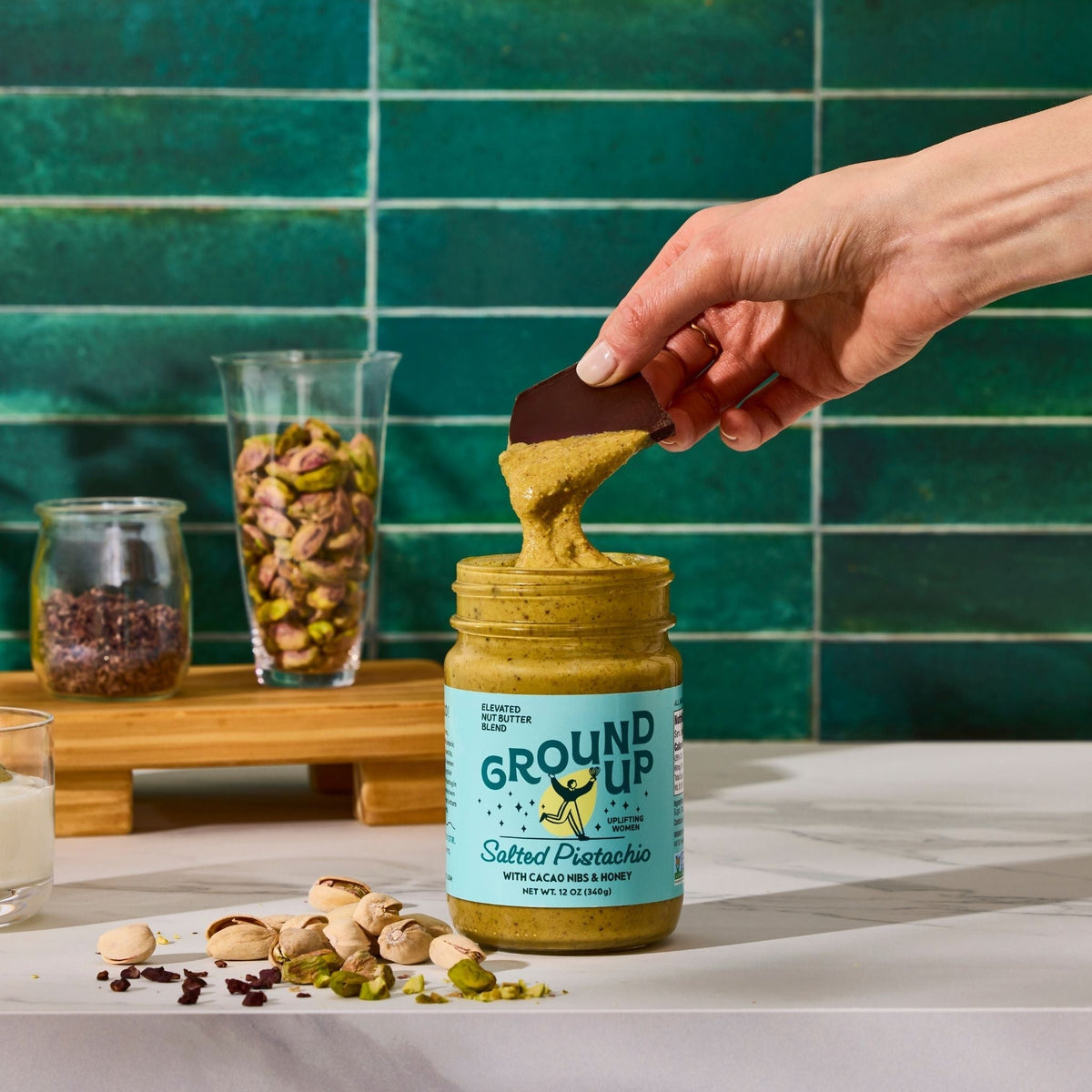 Ground Up salted pistachio nut butter served with yogurt and pistachios